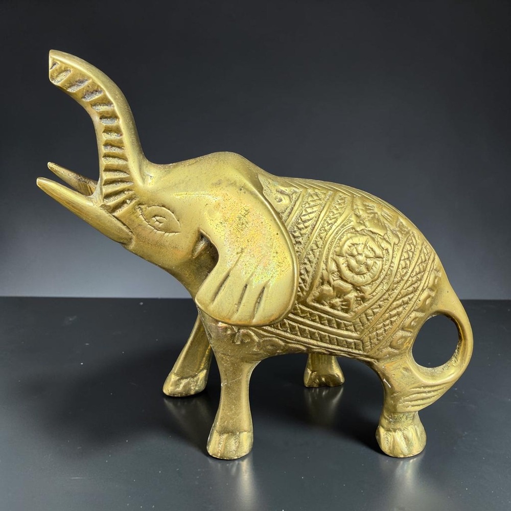 Vintage 1980s Brass Elephant Figurine Trunk Up Good Luck Embossed Detail 4in
